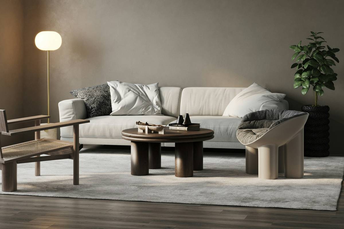 Urban industrial style furniture in a converted Brooklyn loft featuring steel-framed sofa and reclaimed wood dining table